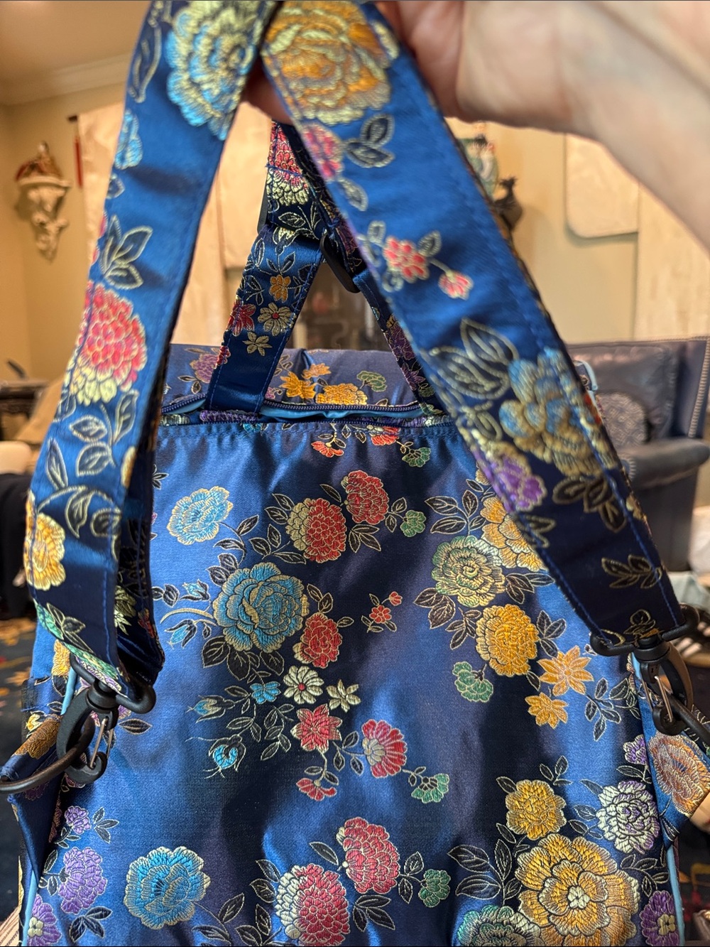 Colorful Multi-use Oriental Floral Navy Satin Tote Bag/Backpack - Unbranded